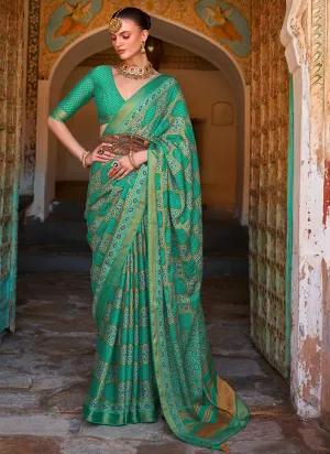 Cyan Green Printed Brasso Silk Saree