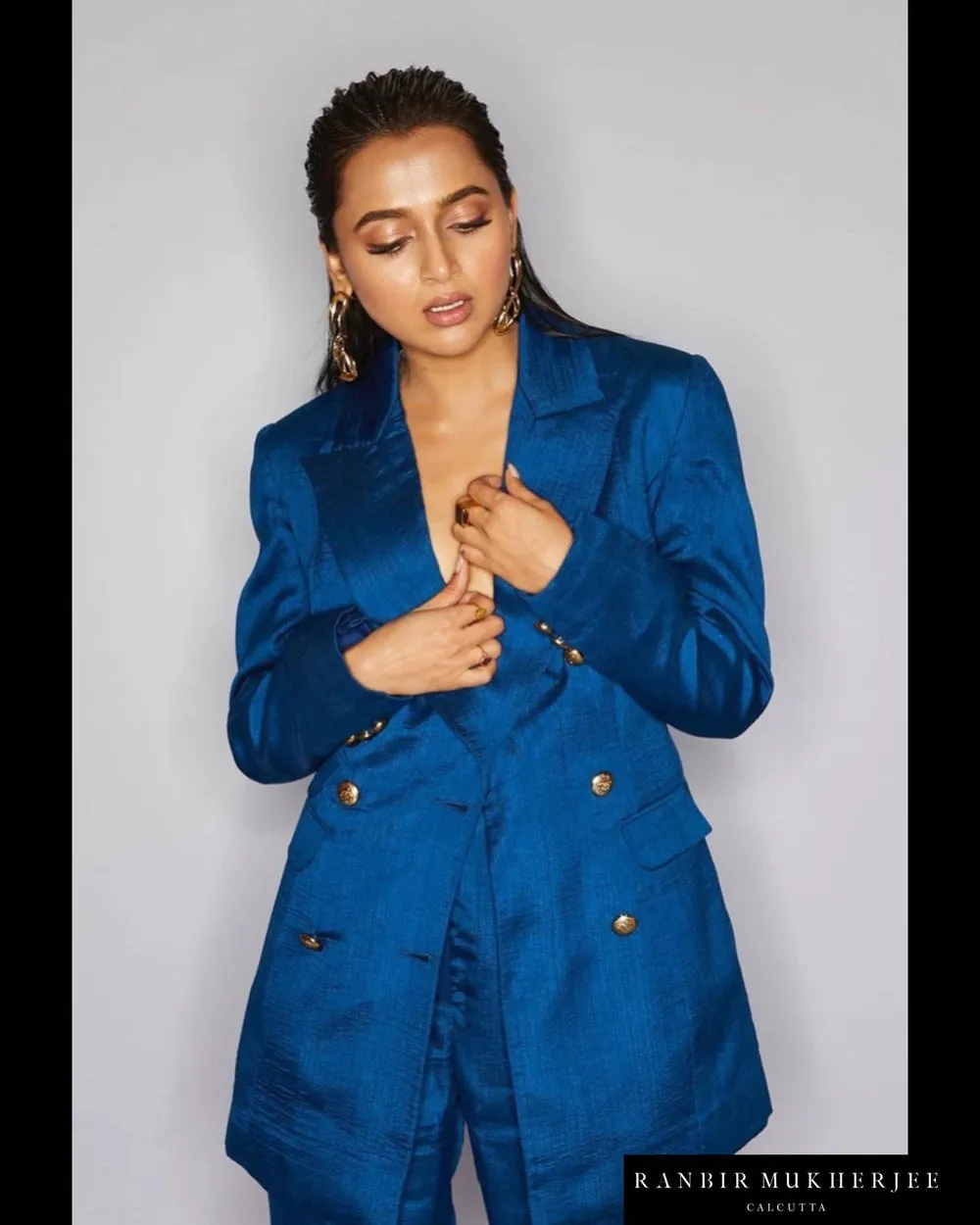 Dark Blue Nysa Silk Blazer Set