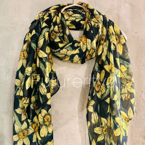 Dark Blue Organic Cotton Scarf with Eco-Friendly Seamless Daffodil Flowers – A Thoughtful Gift for Mom, Ideal for Birthday and Christmas Celebrations