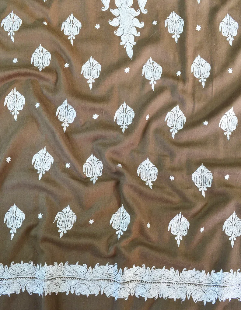 Dark Natural Tilla Embroidery Pashmina Shawl 7592