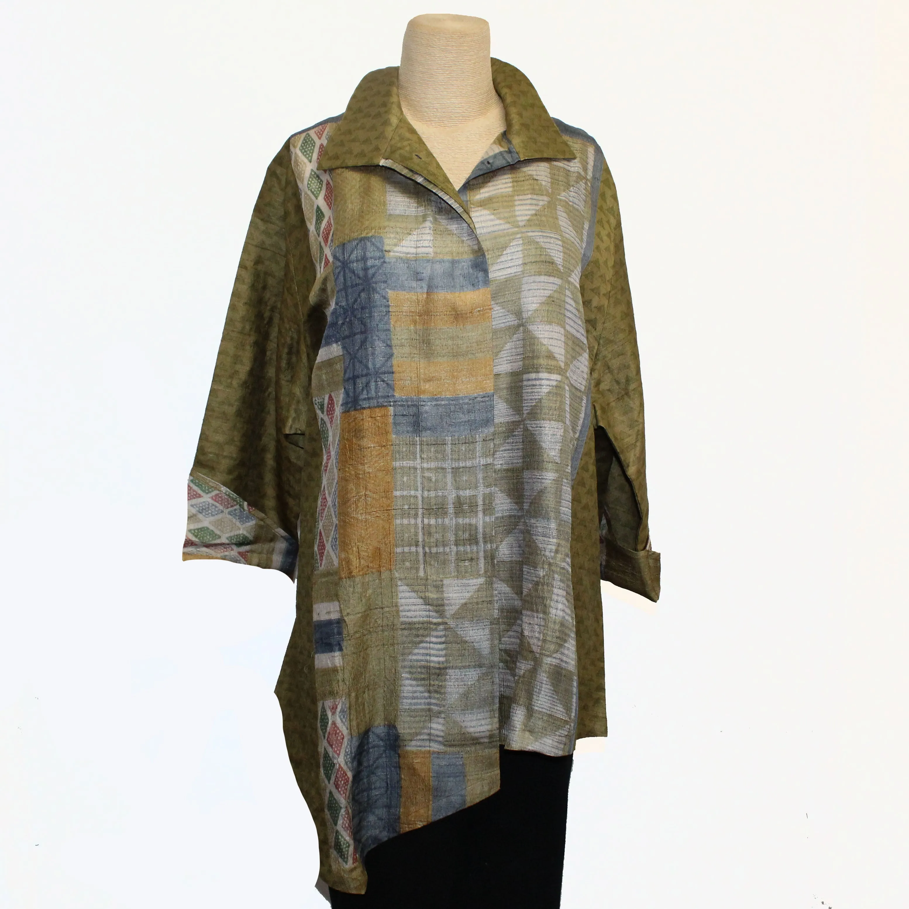 Darshan Shah Shirt/Tunic, Asymmetrical, Olive/Blue/Gold, L