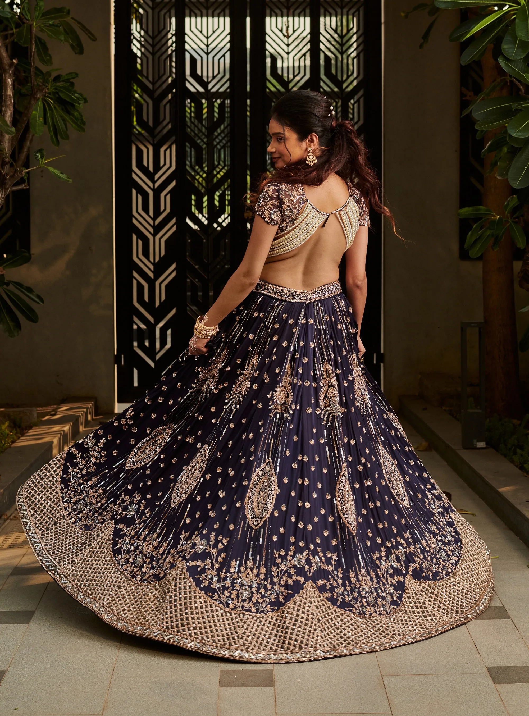 Deep Midnight Blue Habotai Silk Lehenga