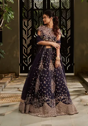 Deep Midnight Blue Habotai Silk Lehenga