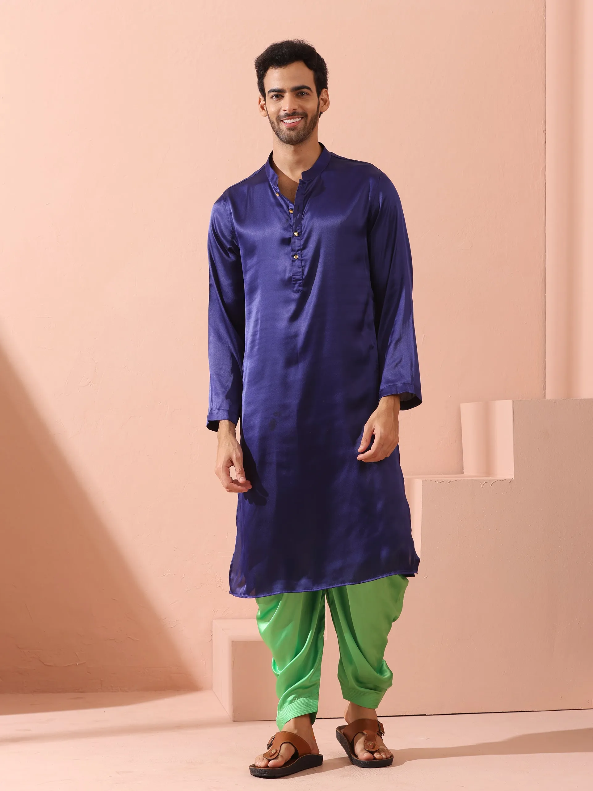 Defy Royal Blue Satin Kurta with Gold Buttons