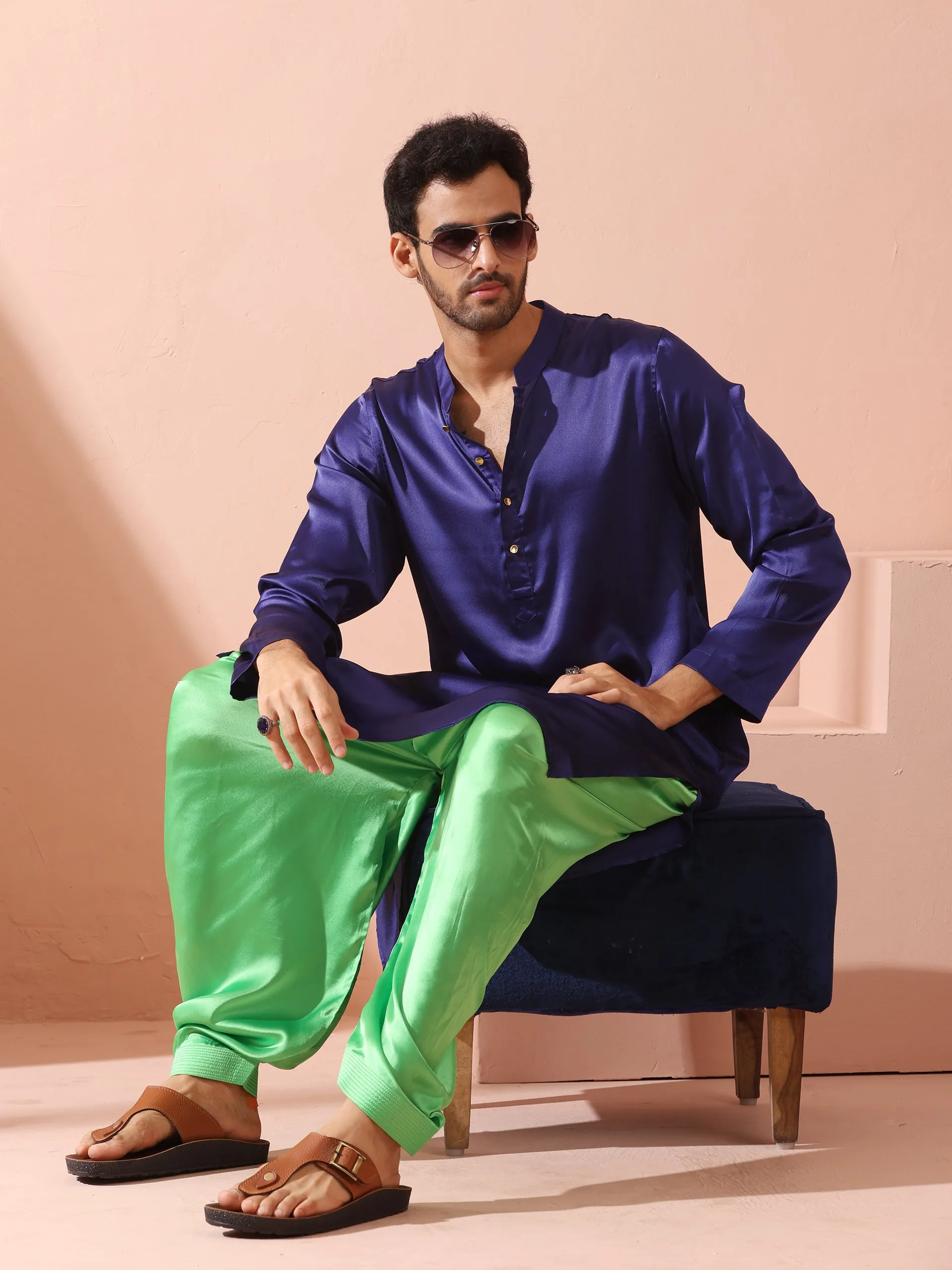 Defy Royal Blue Satin Kurta with Gold Buttons