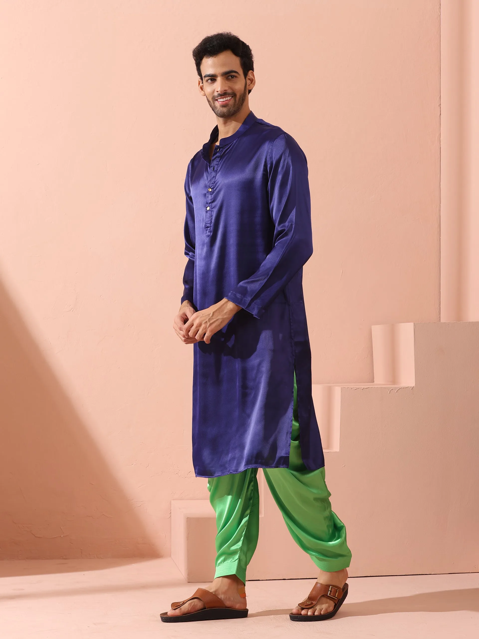 Defy Royal Blue Satin Kurta with Gold Buttons