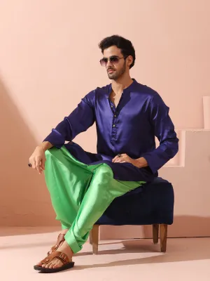 Defy Royal Blue Satin Kurta with Gold Buttons
