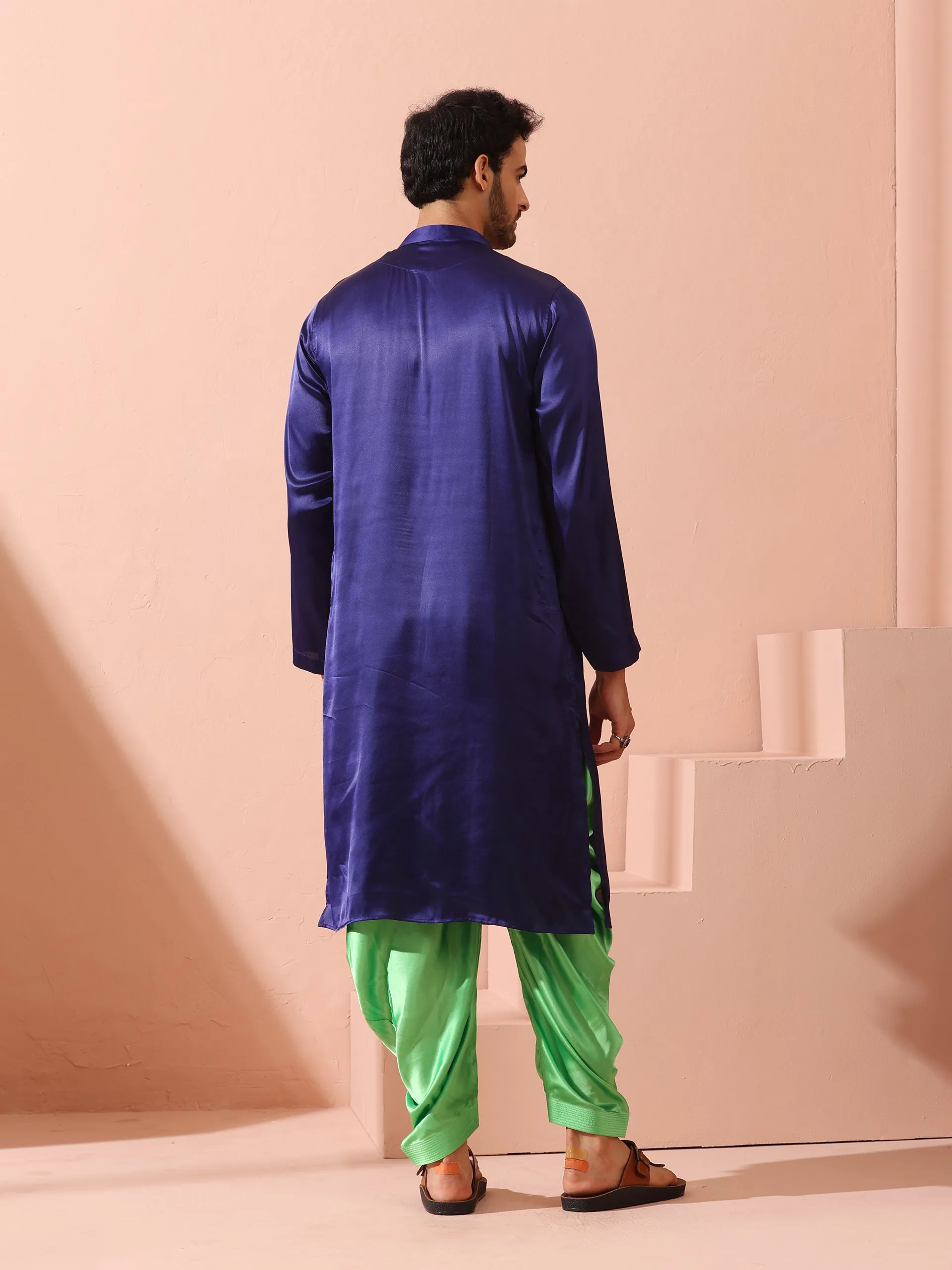 Defy Royal Blue Satin Kurta with Gold Buttons
