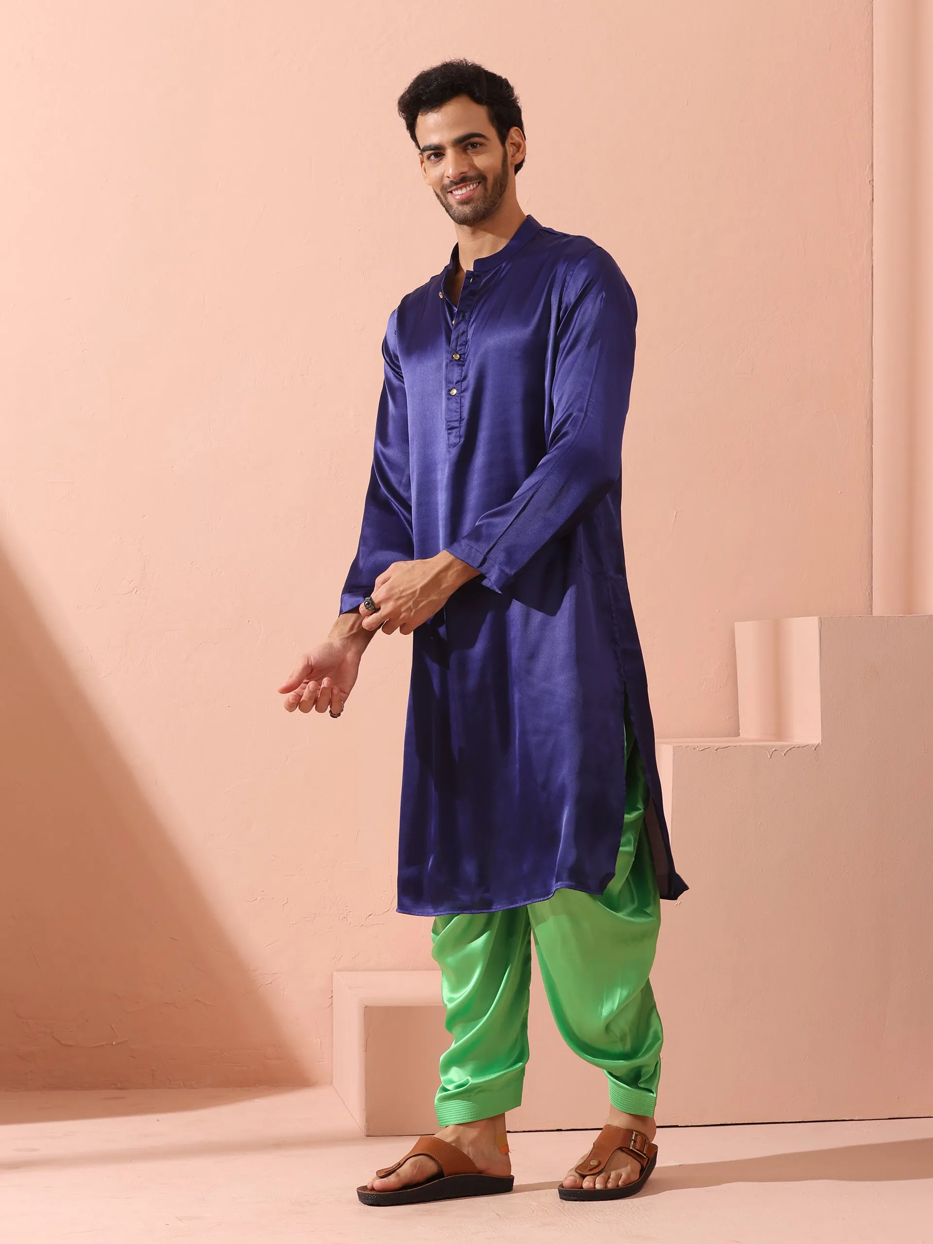 Defy Royal Blue Satin Kurta with Gold Buttons