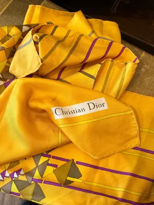 Designer Christian Dior 1960s Geometric Orange Yellow Pattern Square Silk Scarf Made in France 30" Vintage