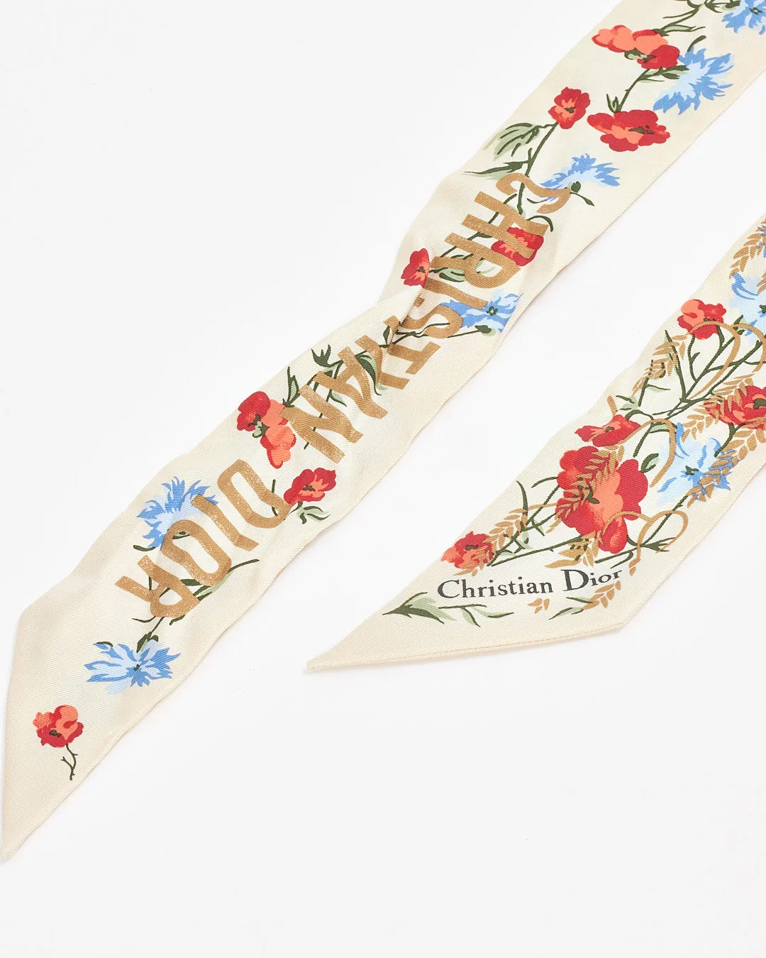 Dior Floral Cream Silk Twilly Scarf