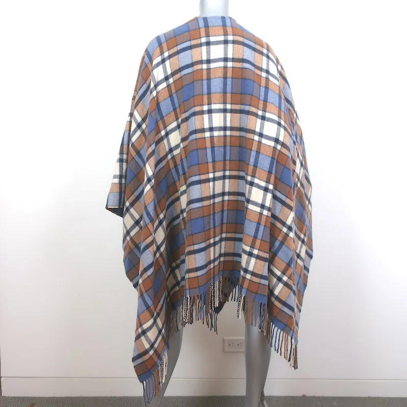 Doen Ember Plaid Fringed Wrap Blue/Tan Wool-Cashmere Size Small