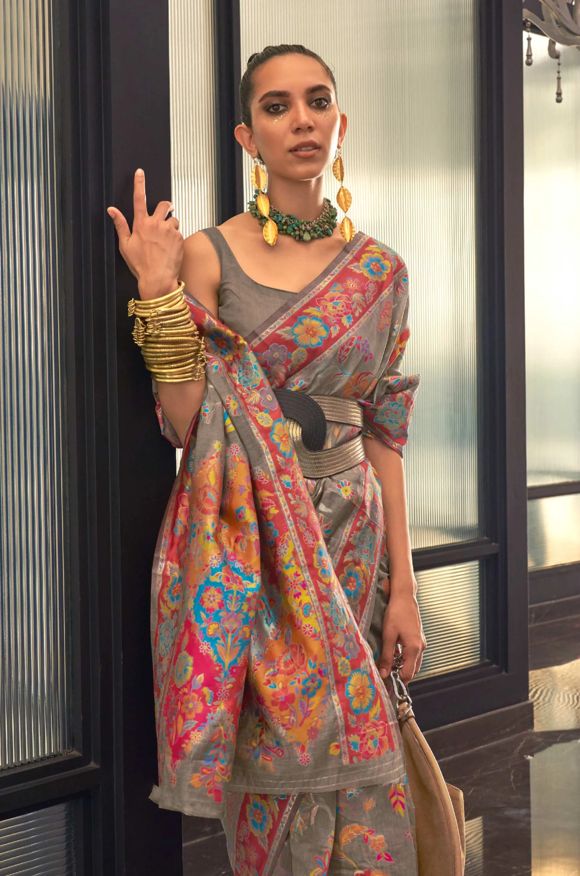 Dusty Grey Floral Woven Silk Saree