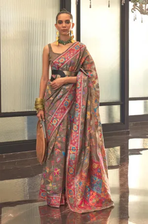 Dusty Grey Floral Woven Silk Saree