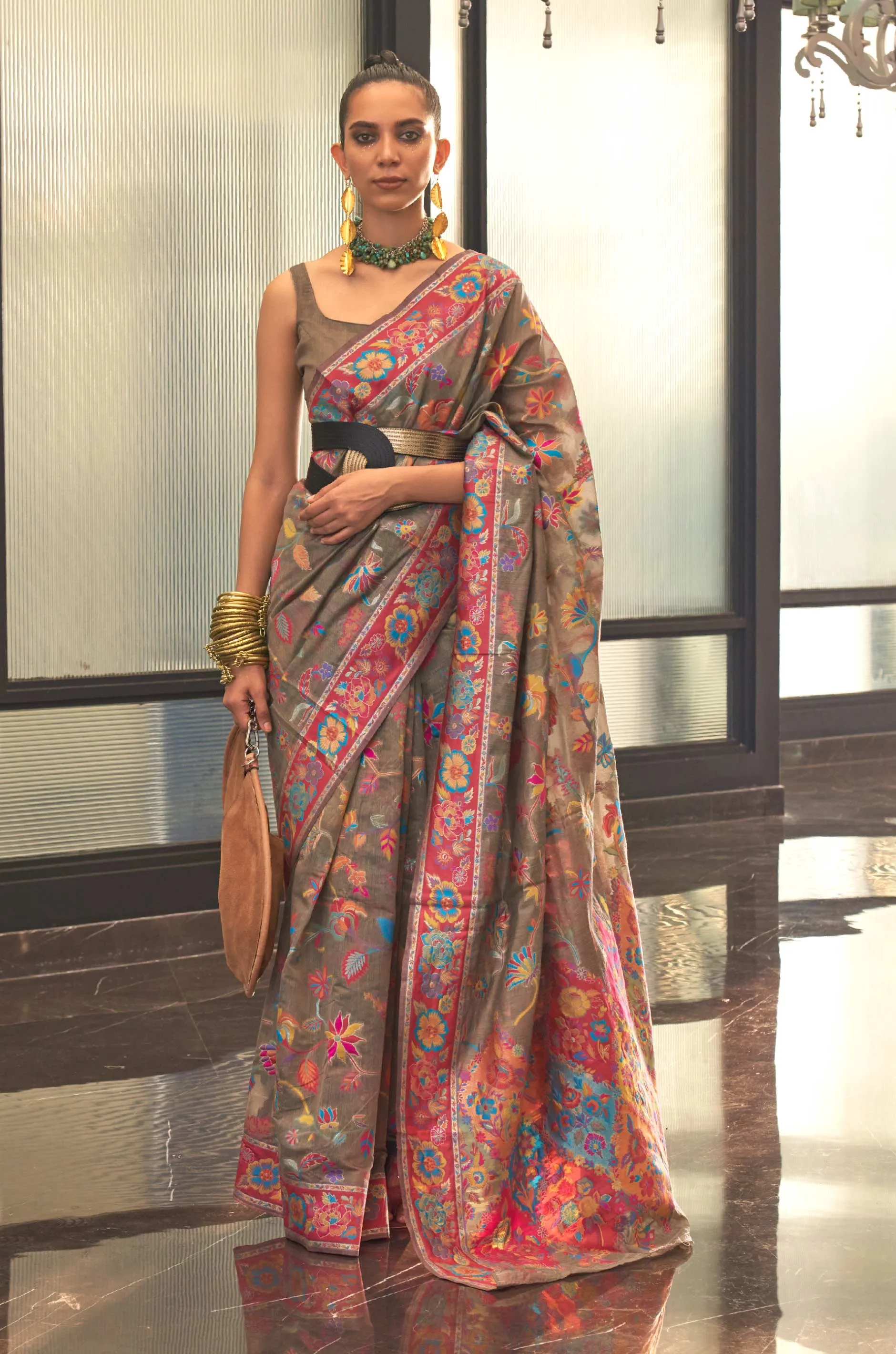 Dusty Grey Floral Woven Silk Saree