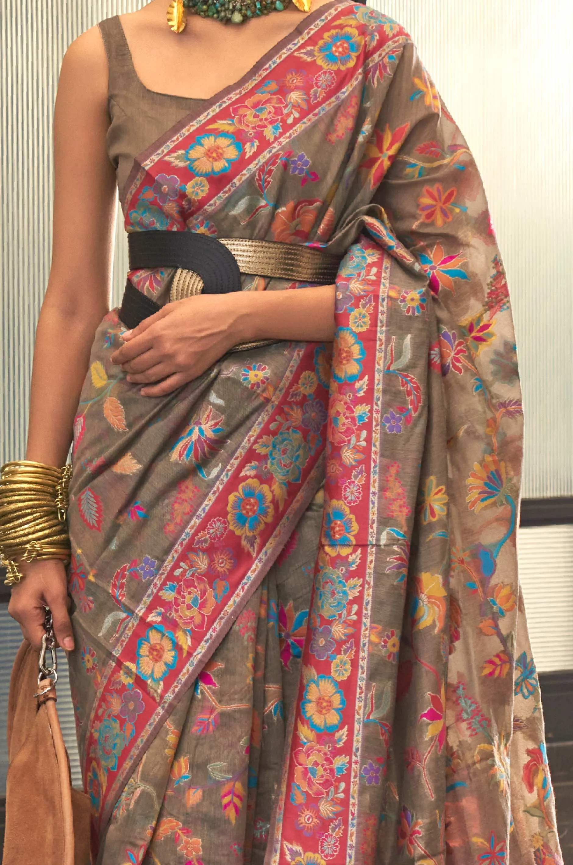 Dusty Grey Floral Woven Silk Saree