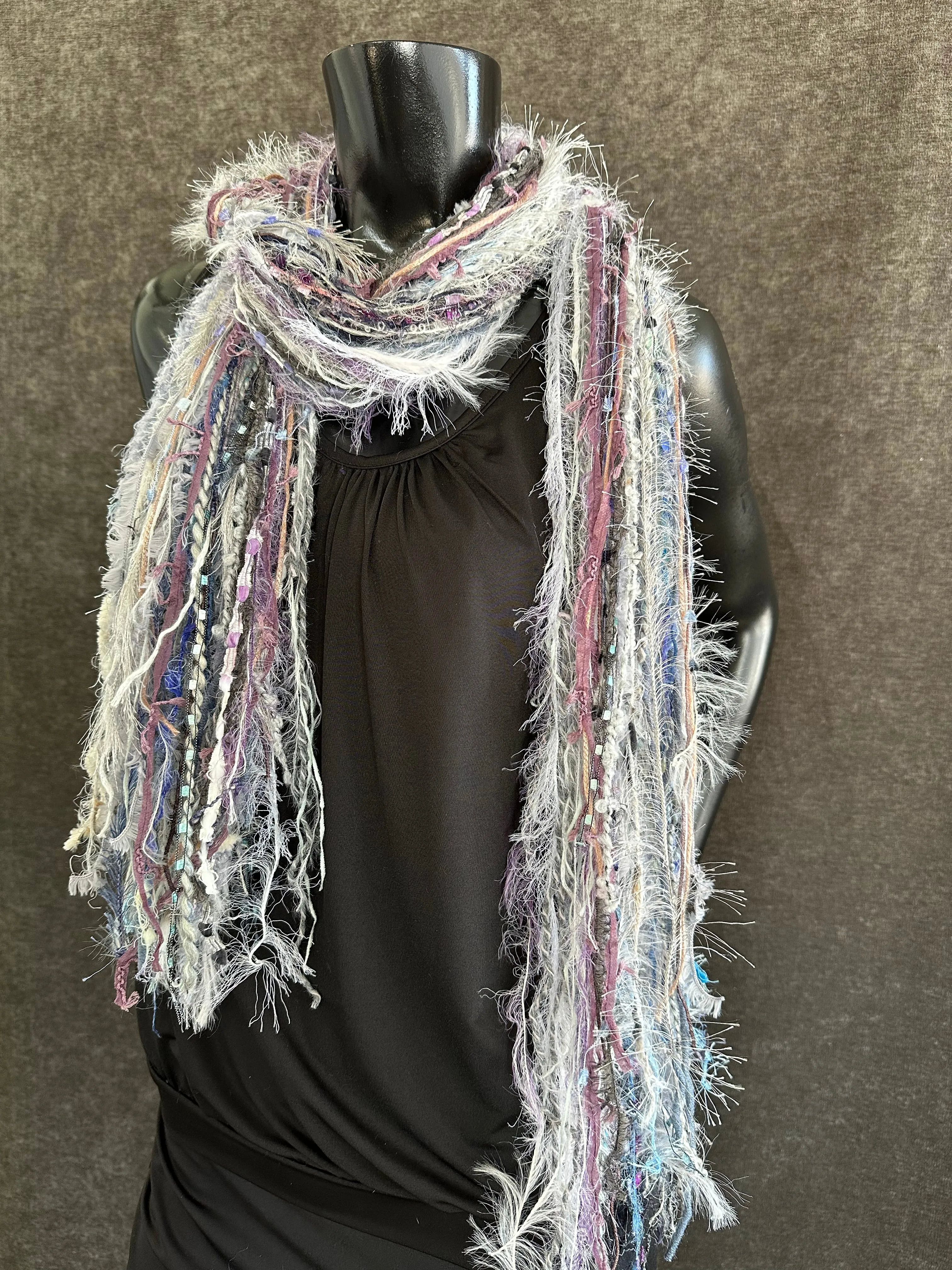 Eclectic Fringie scarf, lavendar blues and white grays in a boho fiber scarf, funky scarves