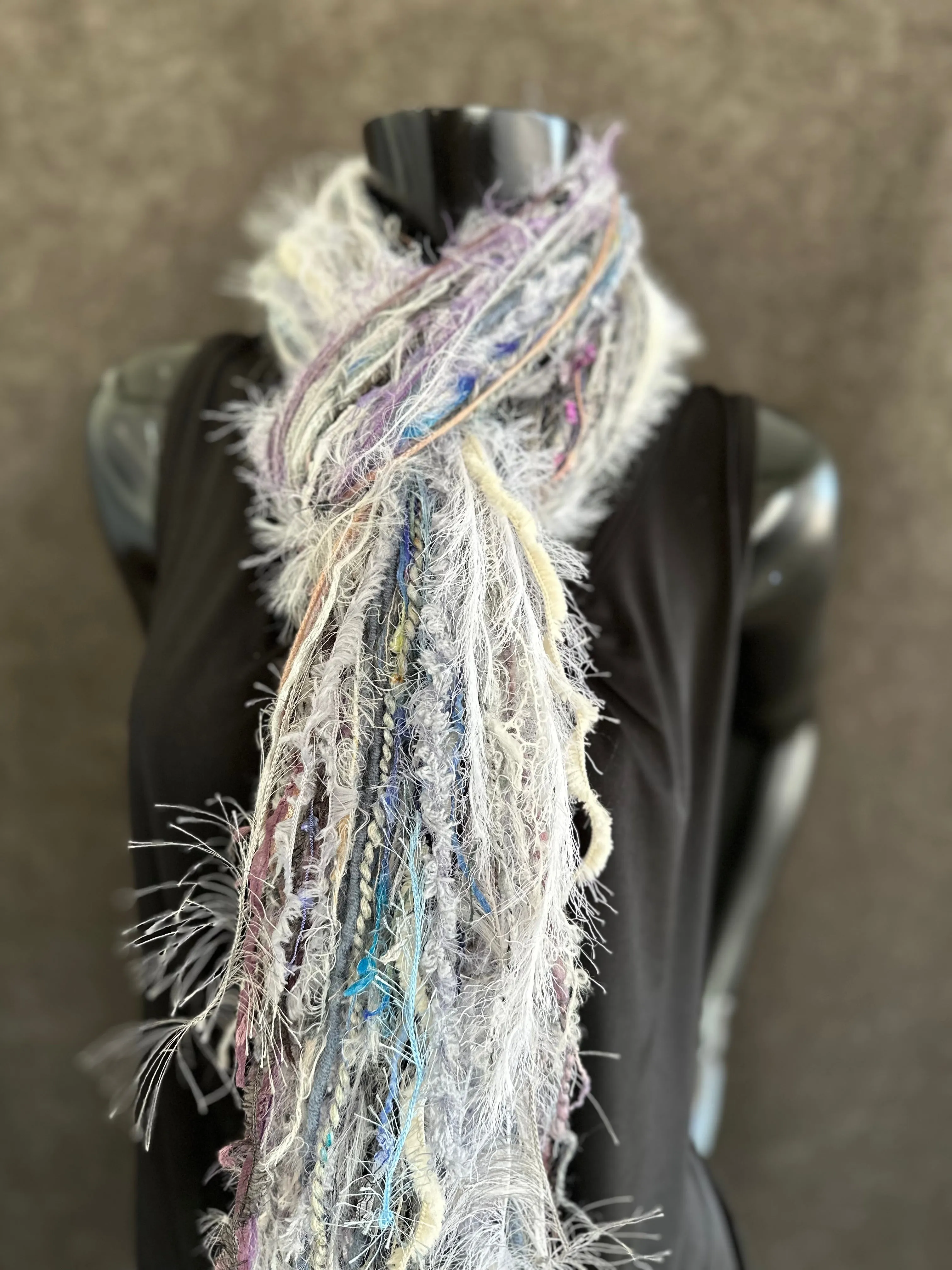 Eclectic Fringie scarf, lavendar blues and white grays in a boho fiber scarf, funky scarves
