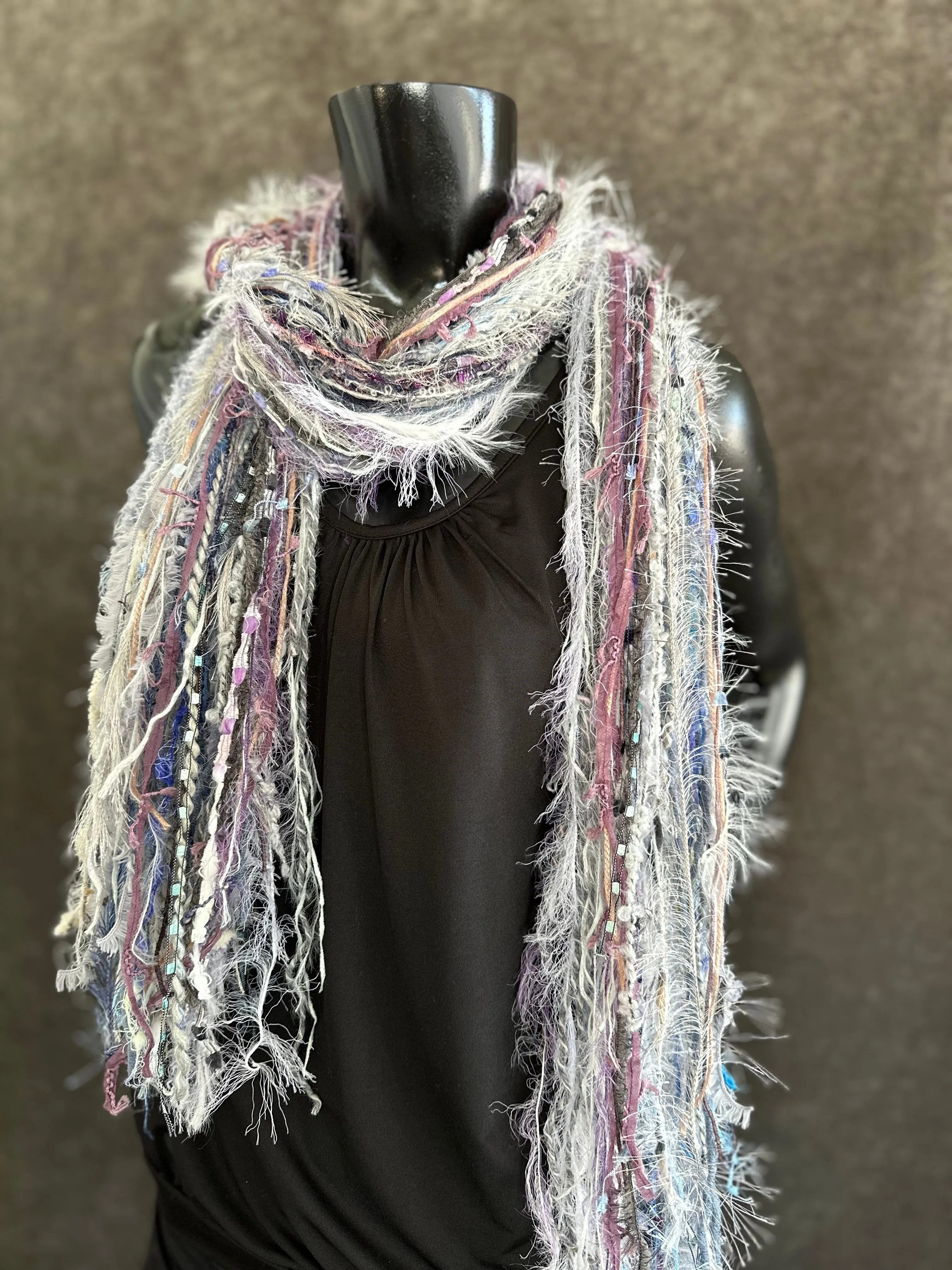 Eclectic Fringie scarf, lavendar blues and white grays in a boho fiber scarf, funky scarves