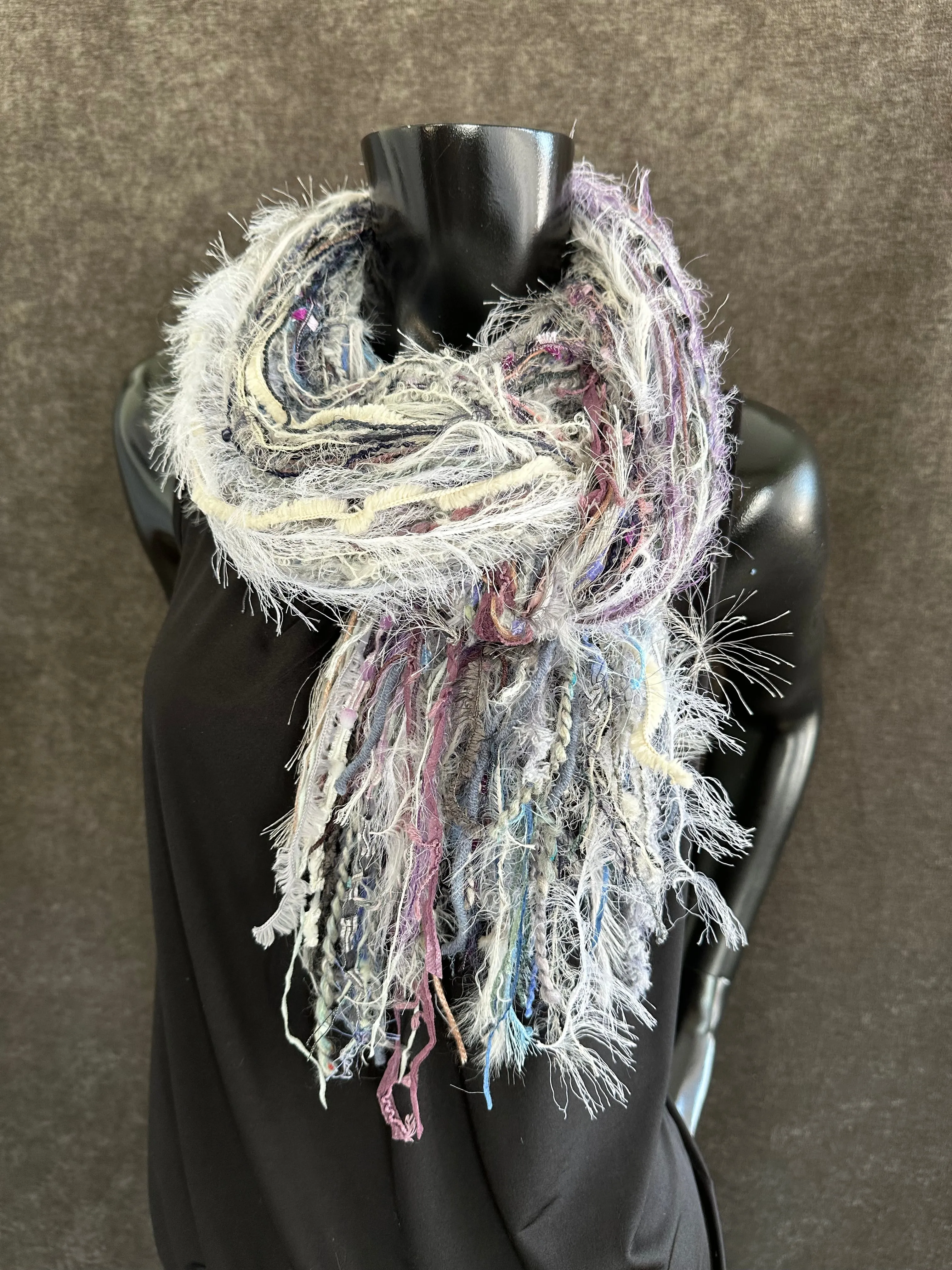 Eclectic Fringie scarf, lavendar blues and white grays in a boho fiber scarf, funky scarves