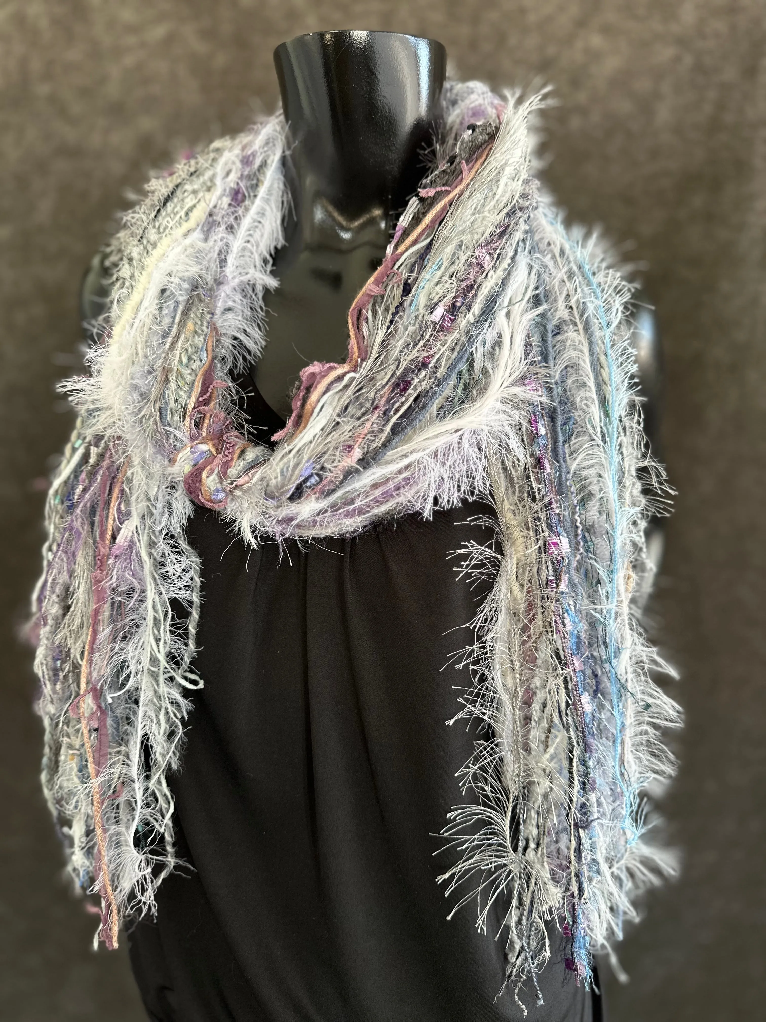 Eclectic Fringie scarf, lavendar blues and white grays in a boho fiber scarf, funky scarves