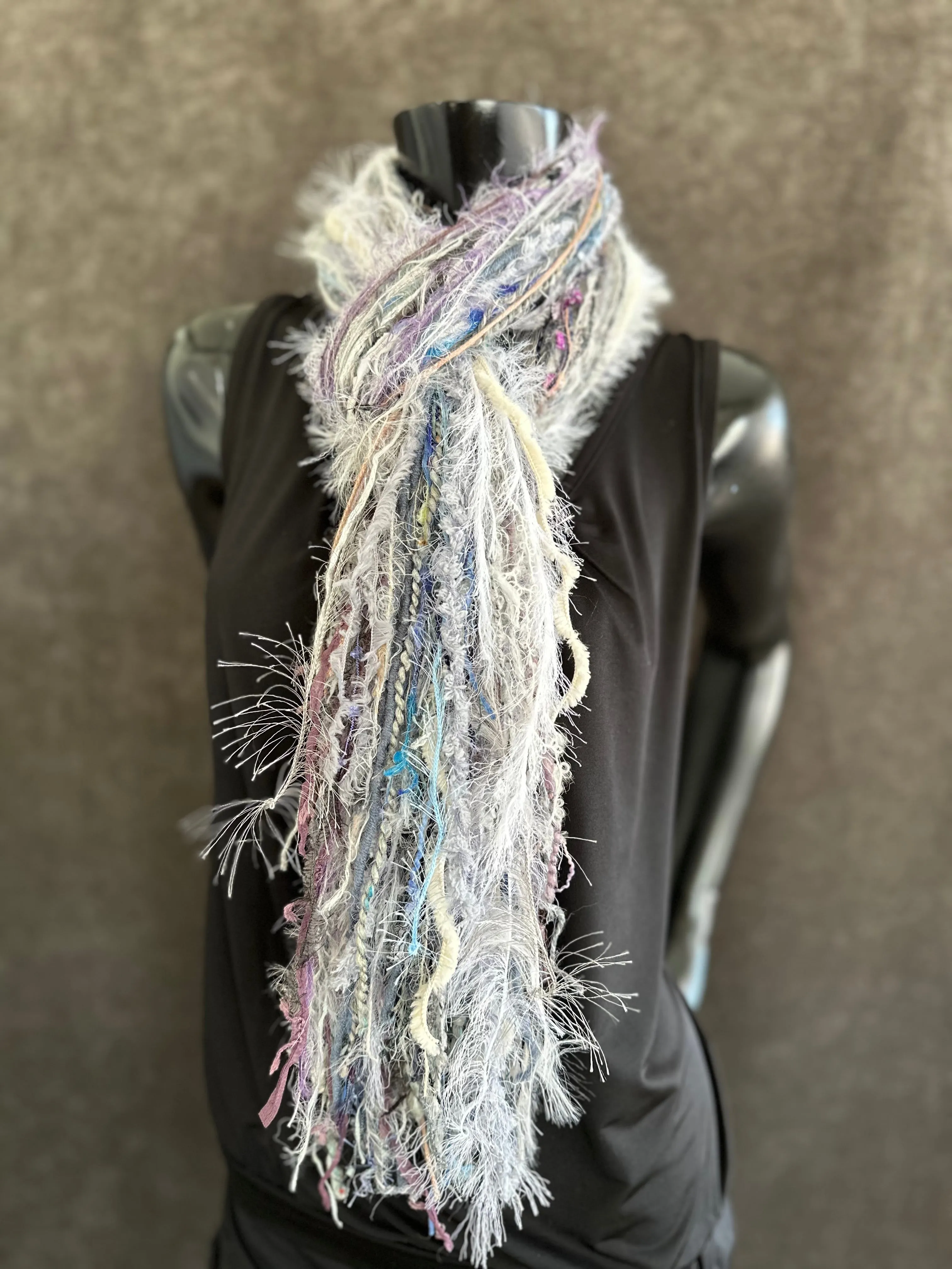 Eclectic Fringie scarf, lavendar blues and white grays in a boho fiber scarf, funky scarves