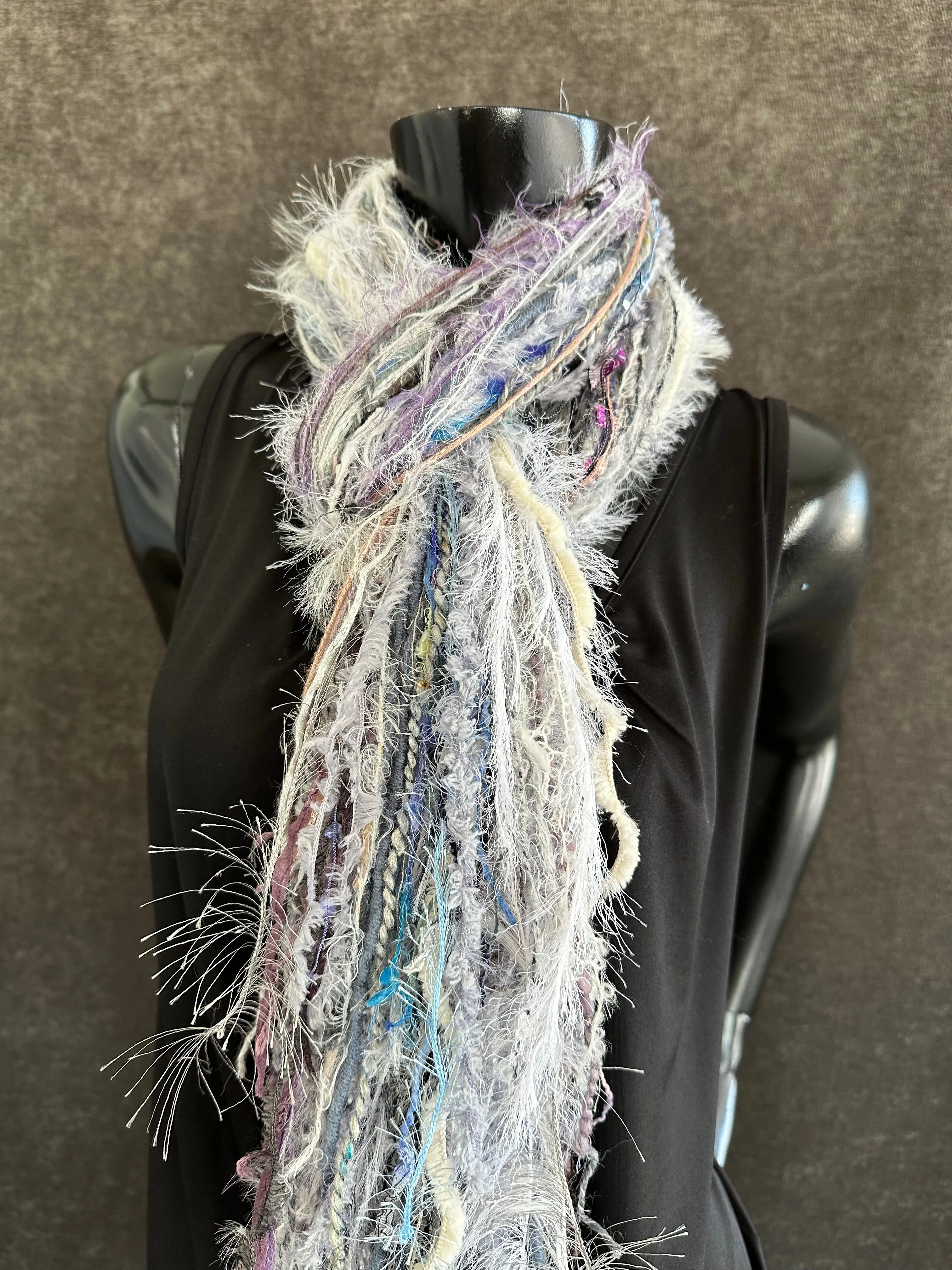 Eclectic Fringie scarf, lavendar blues and white grays in a boho fiber scarf, funky scarves