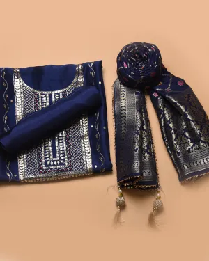 Electric Blue Silk Viscose Blend Hand Embellished Unstitched Suit Fabric Set With Silk Viscose Blend Banarasi Woven Dupatta