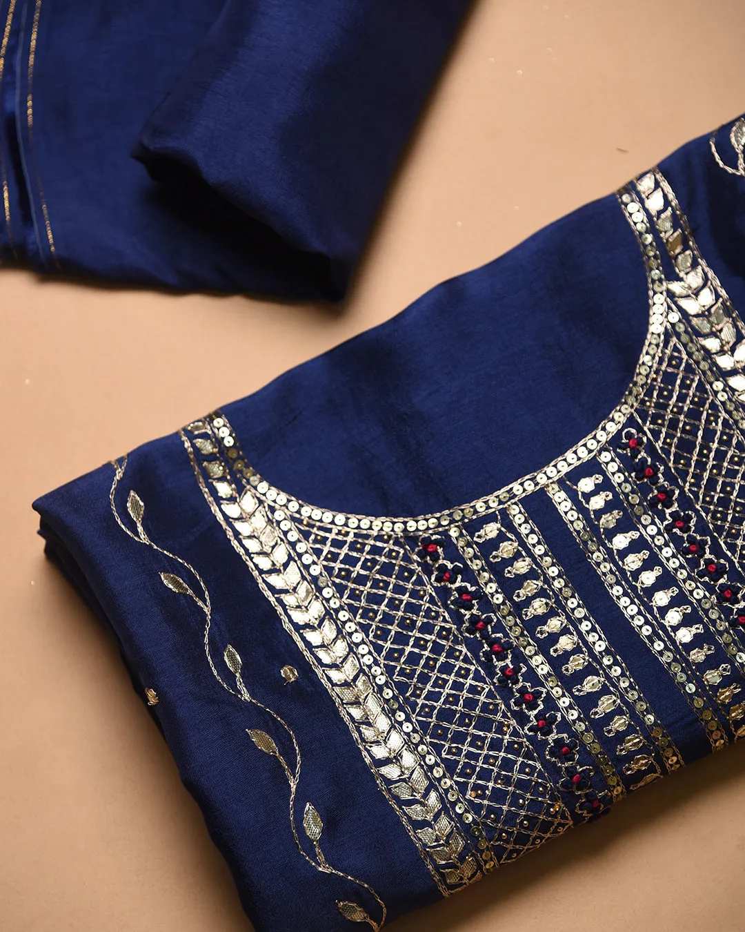 Electric Blue Silk Viscose Blend Hand Embellished Unstitched Suit Fabric Set With Silk Viscose Blend Banarasi Woven Dupatta