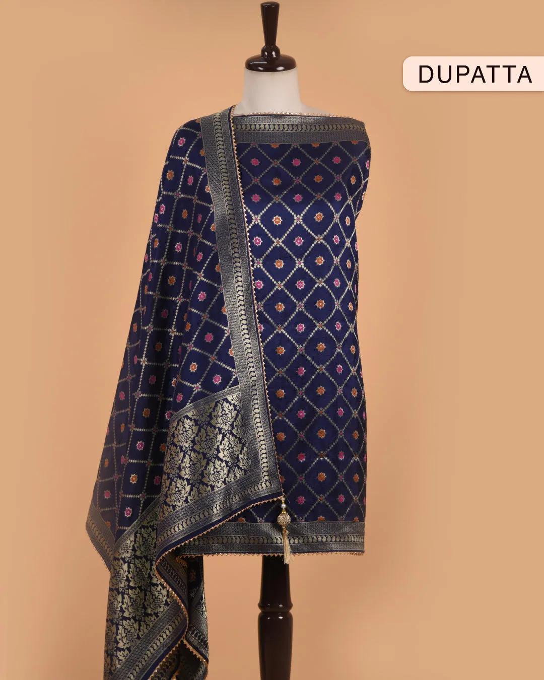 Electric Blue Silk Viscose Blend Hand Embellished Unstitched Suit Fabric Set With Silk Viscose Blend Banarasi Woven Dupatta