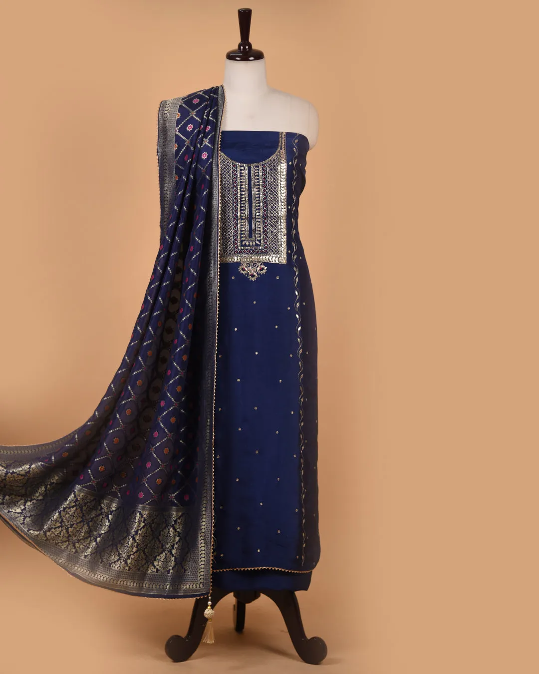 Electric Blue Silk Viscose Blend Hand Embellished Unstitched Suit Fabric Set With Silk Viscose Blend Banarasi Woven Dupatta