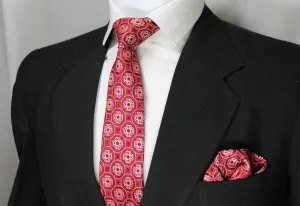 Elegant Red Geometric Patterned Tie & Pocket Square
