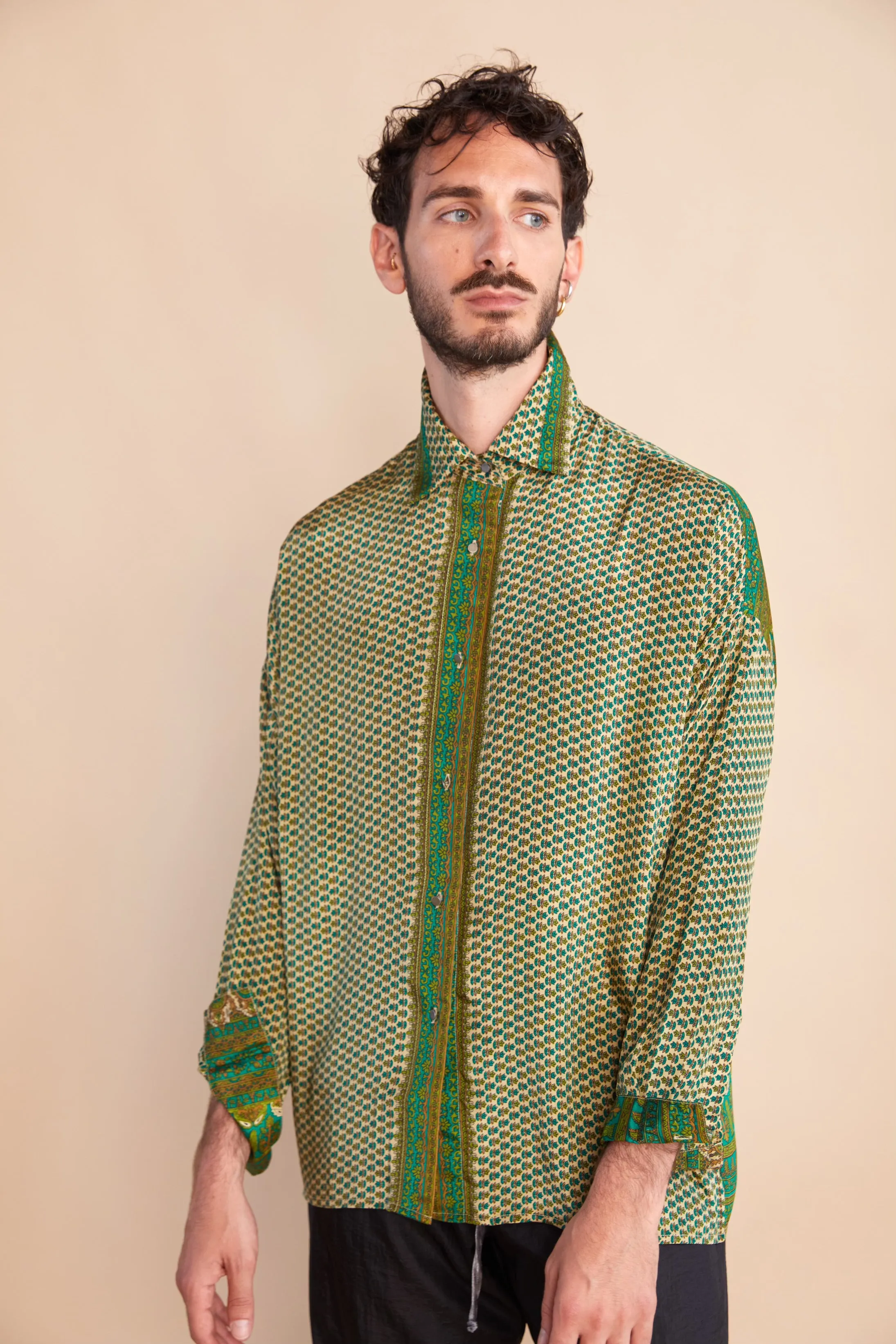 Embossed Oriental Motif Long Sleeve Shirt - Jade Green