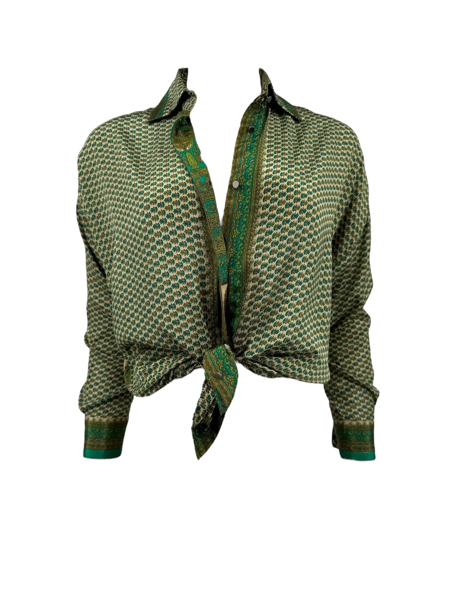 Embossed Oriental Motif Long Sleeve Shirt - Jade Green