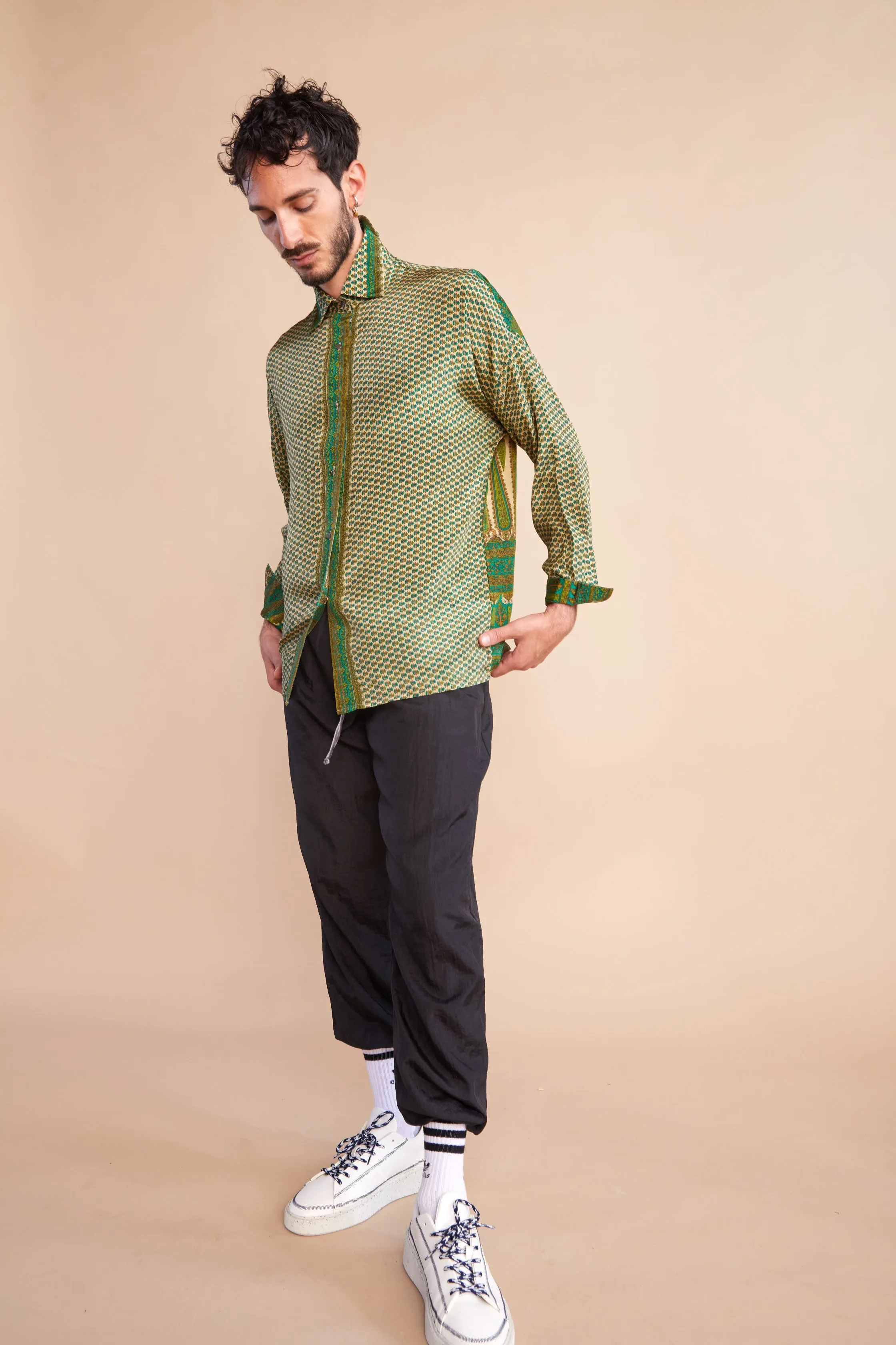 Embossed Oriental Motif Long Sleeve Shirt - Jade Green