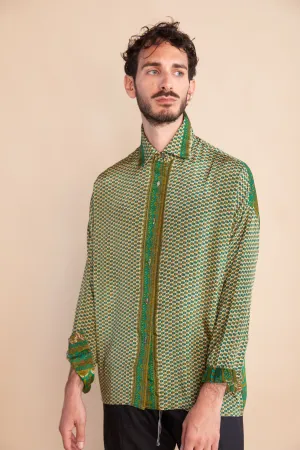 Embossed Oriental Motif Long Sleeve Shirt - Jade Green