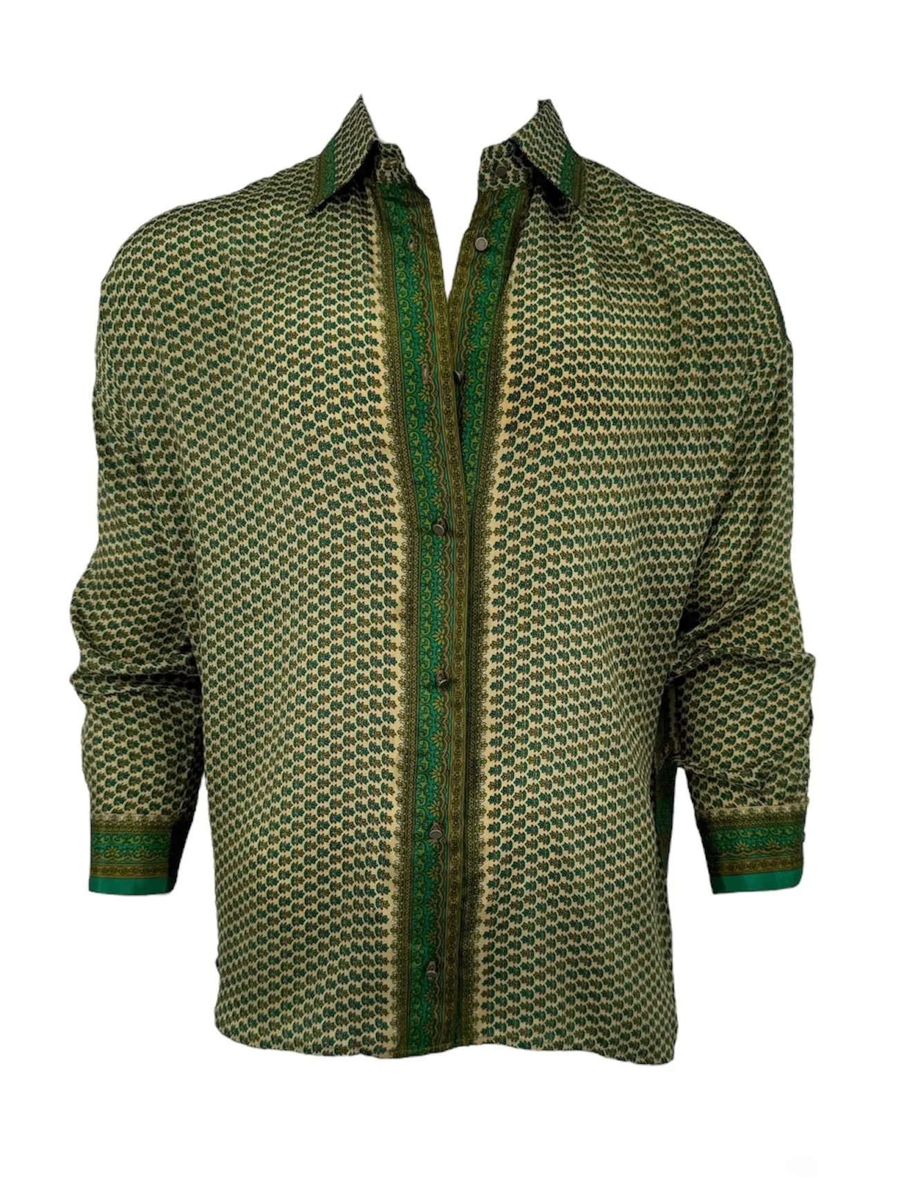 Embossed Oriental Motif Long Sleeve Shirt - Jade Green