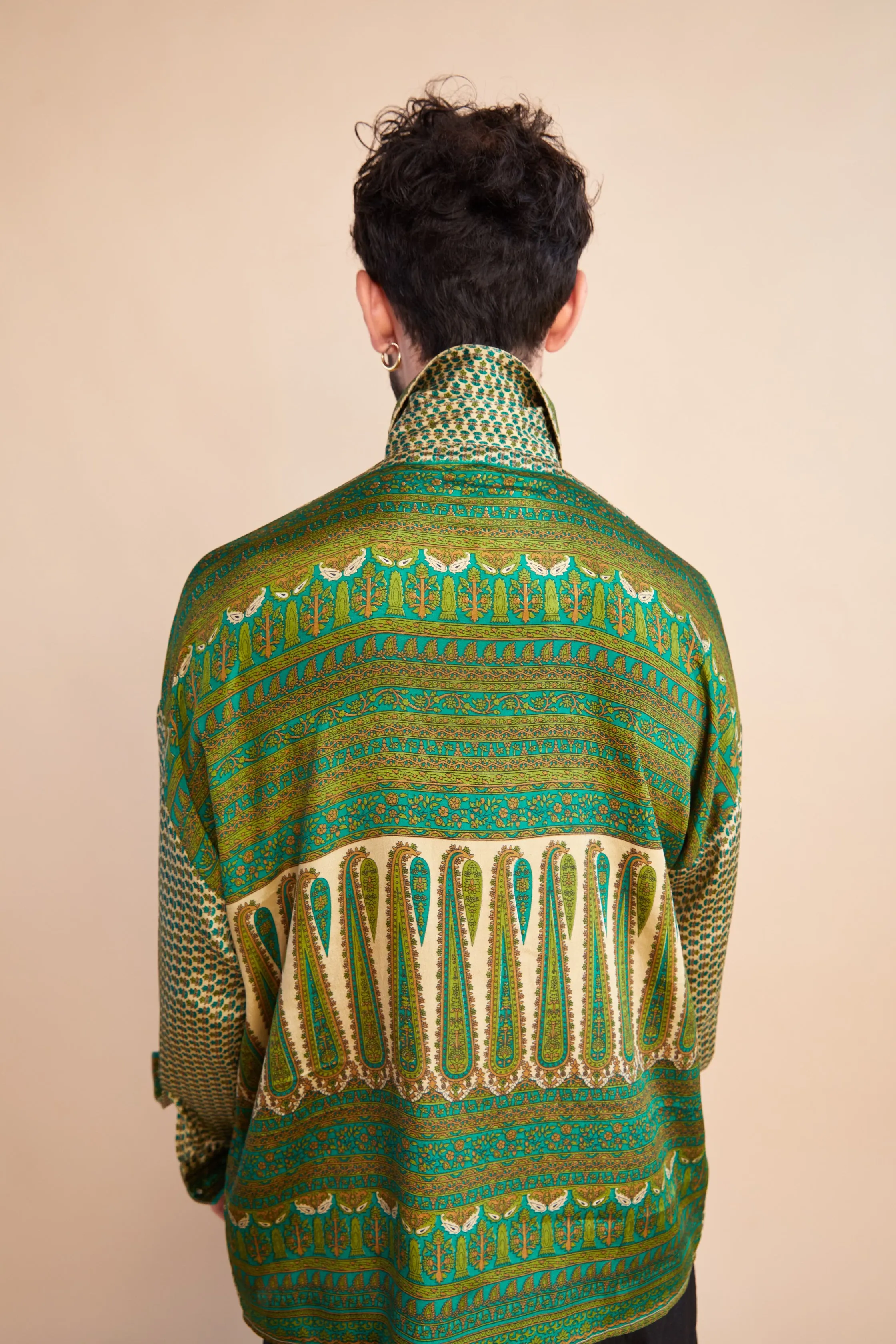 Embossed Oriental Motif Long Sleeve Shirt - Jade Green