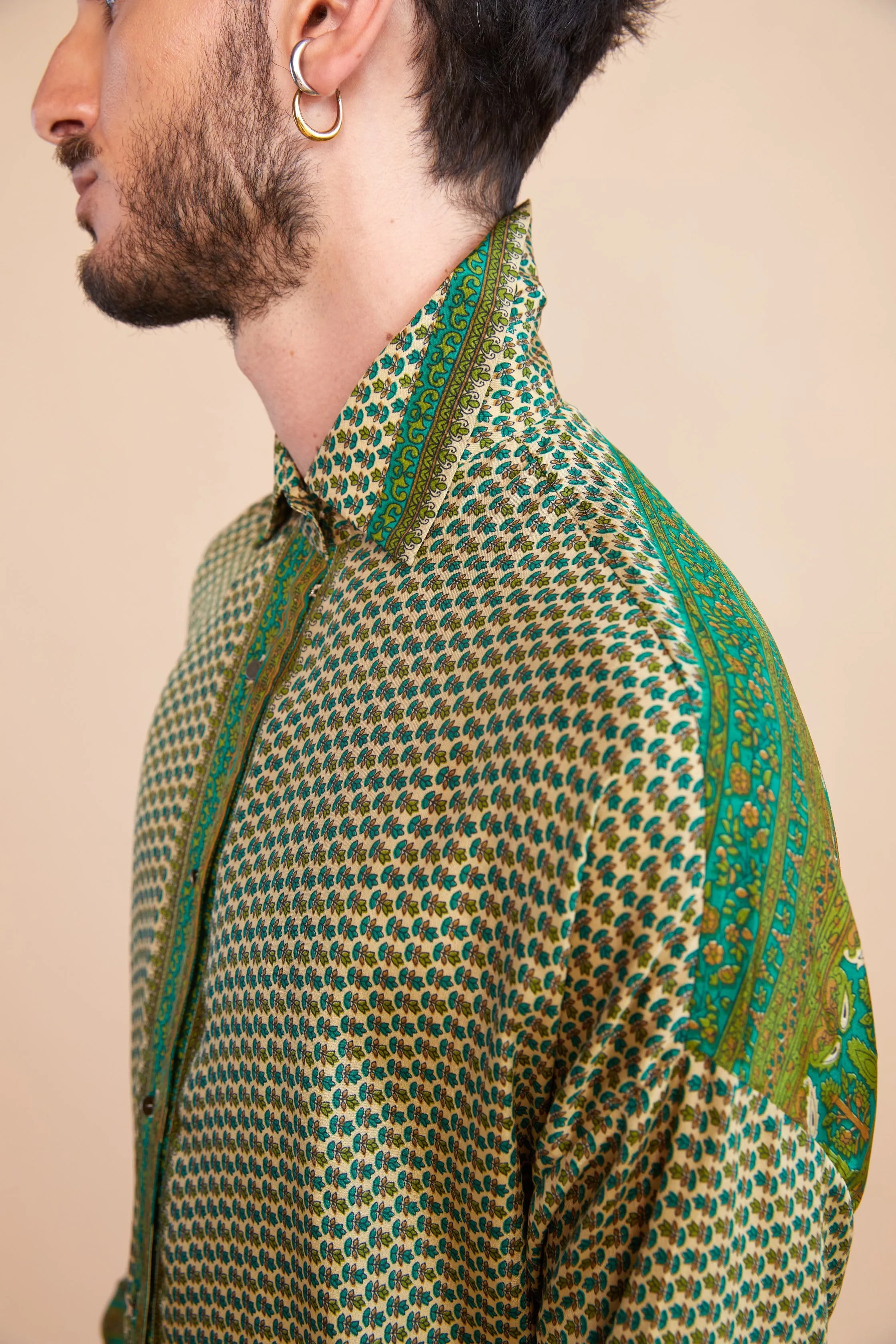 Embossed Oriental Motif Long Sleeve Shirt - Jade Green