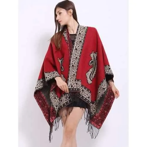 Ethnic Floral Design Tassel Shawl Scarf - Red