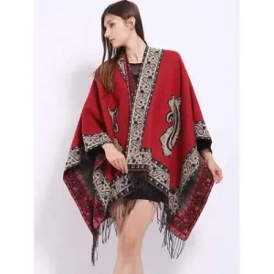 Ethnic Floral Design Tassel Shawl Scarf - Red