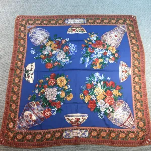 Etro Dinastia Ming Floral Vase Print Scarf Shawl Blue/Multicolor Wool-Silk