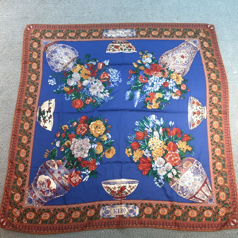 Etro Dinastia Ming Floral Vase Print Scarf Shawl Blue/Multicolor Wool-Silk