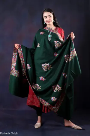 Fast Green Sozni Embroidered Handwooven Pashmina shawl