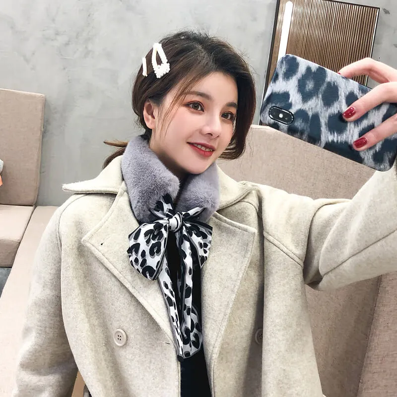 Faux Rabbit Fur Plush Leopard Print Infinity Scarf for Women
