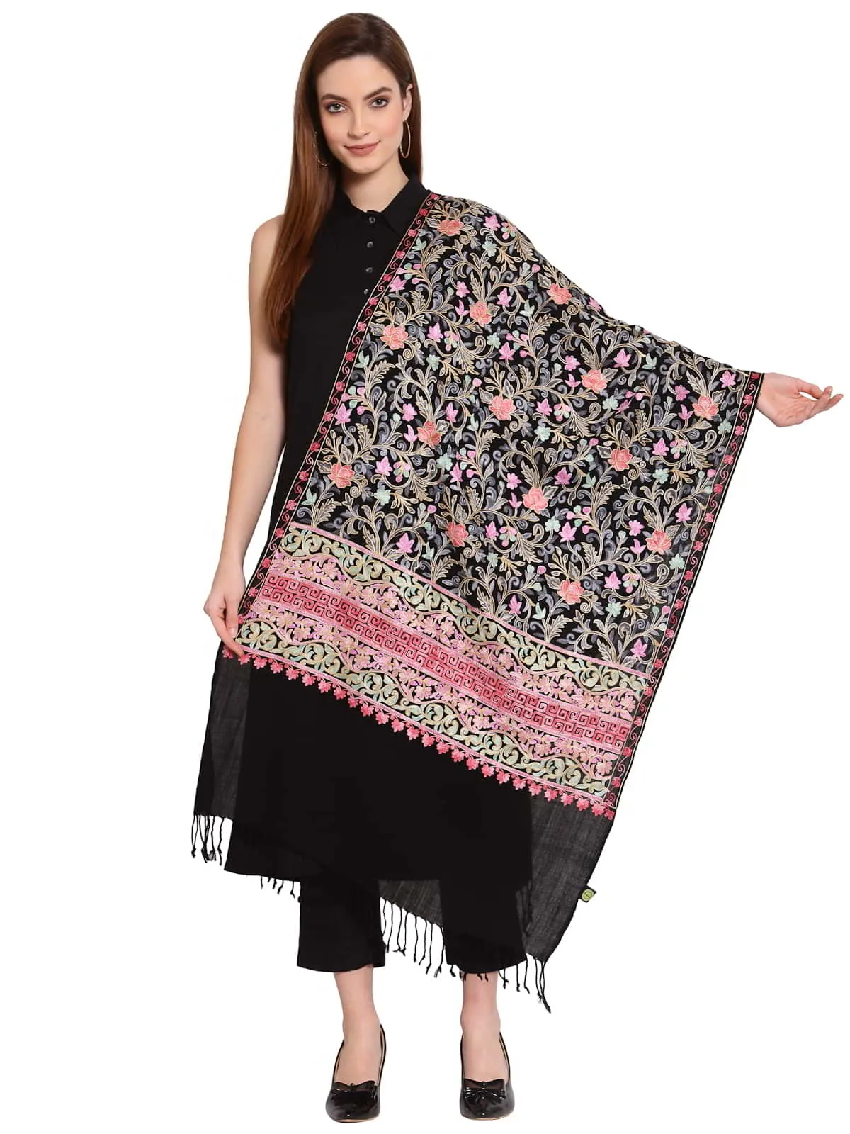 Floral Embroidered Wool Shawl