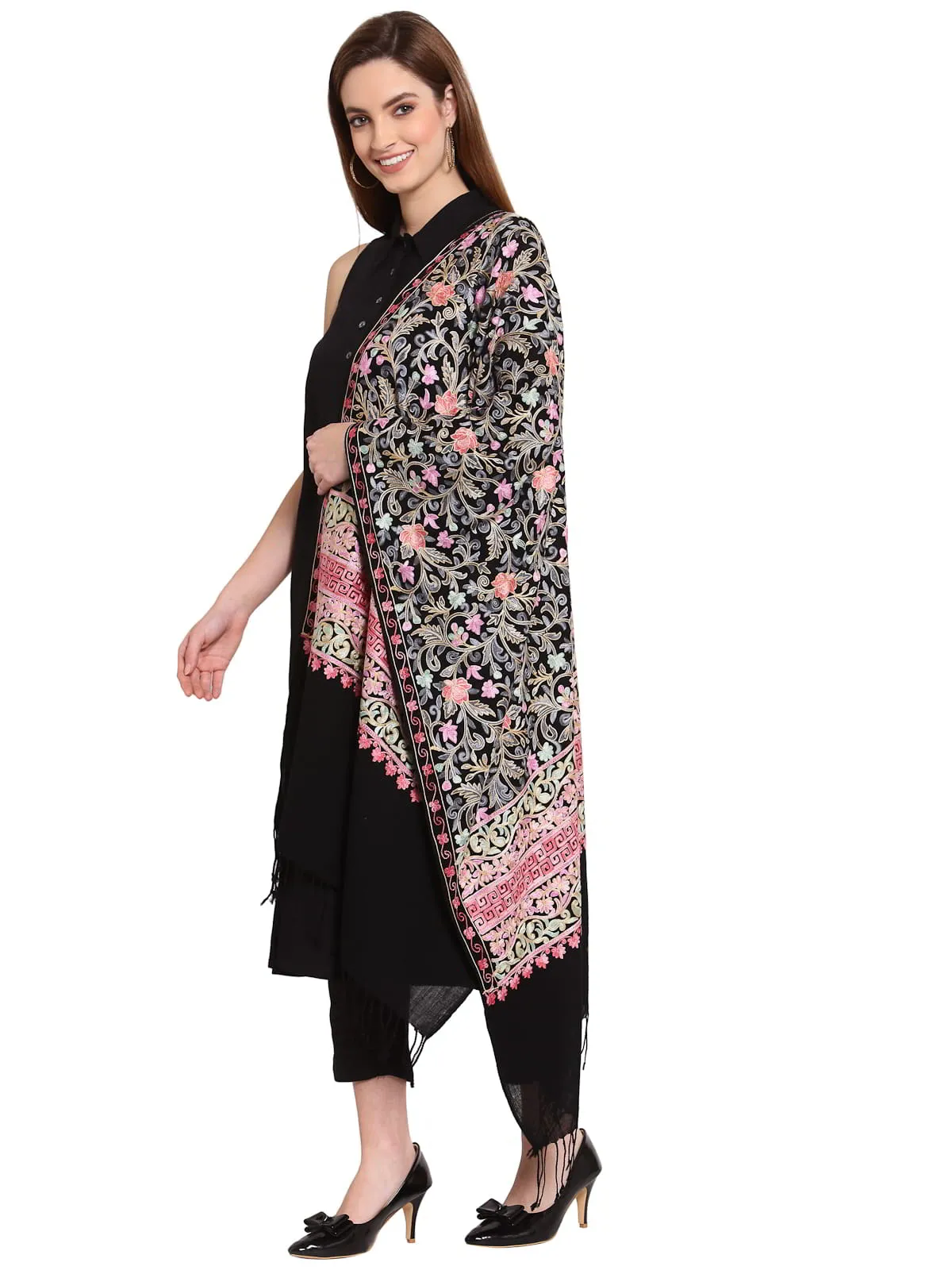 Floral Embroidered Wool Shawl