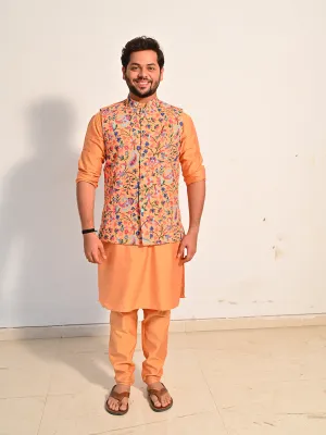 Floral Printed Silk and Kurta Set with Jacket