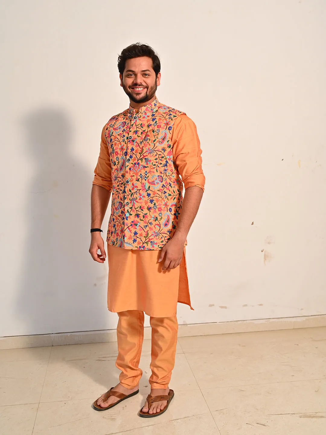 Floral Printed Silk and Kurta Set with Jacket