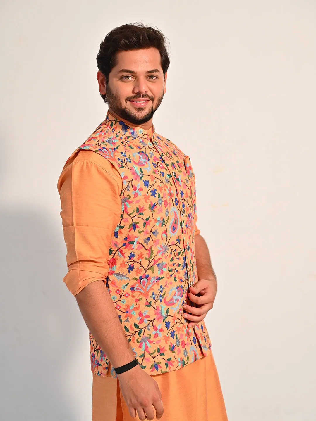 Floral Printed Silk and Kurta Set with Jacket